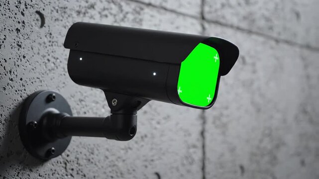 Modern security camera mounted on a wall slowly panning with a bright green screen overlay on the lens for digital compositing