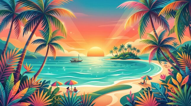 A vibrant tropical beach scene with palm trees, a boat, and a colorful sunset.