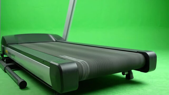 Motorized fitness treadmill belt moving continuously at high speed against a professional solid green screen background for chroma key editing