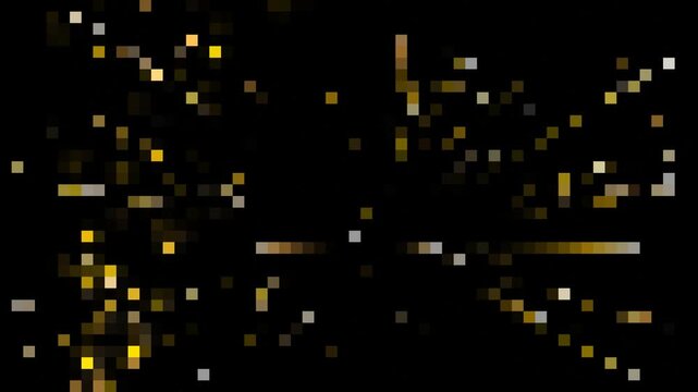Abstract digital pixel explosion with golden light effects on black background