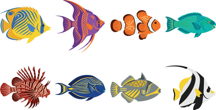 Tropical Reef Fish Collection Vector Set with Butterflyfish Angelfish Clownfish Lionfish and Moorish Idol