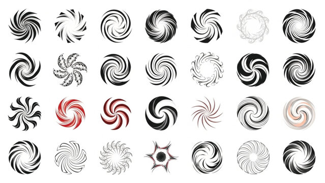 Abstract spiral swirl icons set, 28 geometric vortex and radial motion symbols, black and red circular twist vector elements for logo design