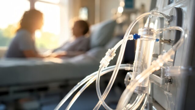Home dialysis treatment with medical tube in bright hospital room and patient care scene