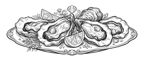 Hand-drawn Oysters on a Plate with Lemon Slices © mirzal