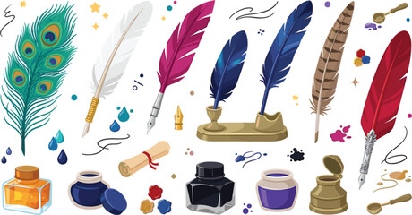 Vintage feather quill pens and colorful inkwells vector illustration set © Hossain