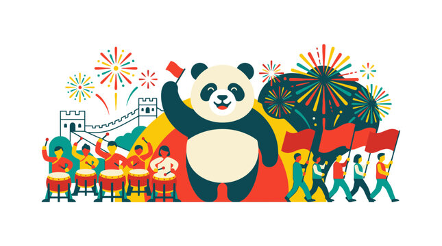 Happy Panda Celebrating Chinese National Day with Fireworks