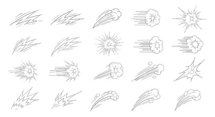 Fototapeta premium Comic speed lines and explosion effect clouds collection set