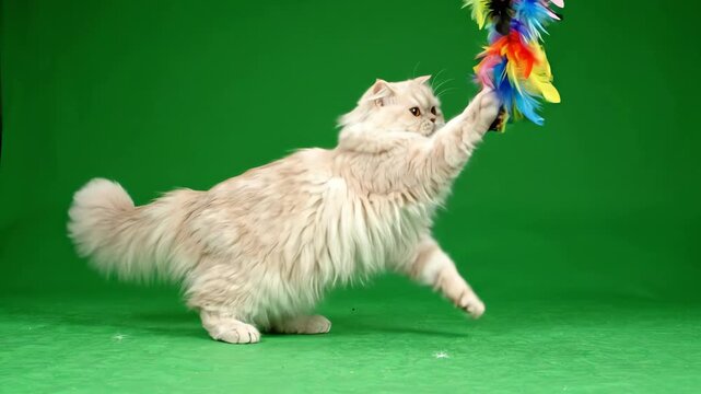 Playful domestic cat jumping and swatting at a feather toy against a professional chroma key green screen background