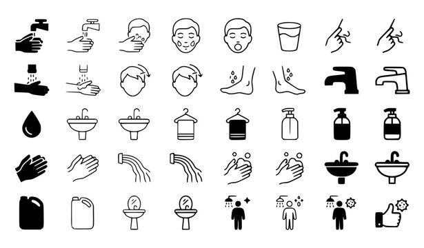 Ablution and Hygiene Icons Set Filled and Three Stroke Weights Editable Vector Collection