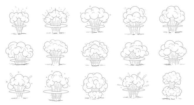 Set of hand drawn mushroom cloud sketches representing nuclear explosion and smoke