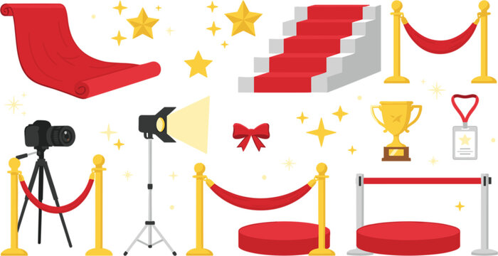 Red carpet event award ceremony and celebrity paparazzi elements vector set