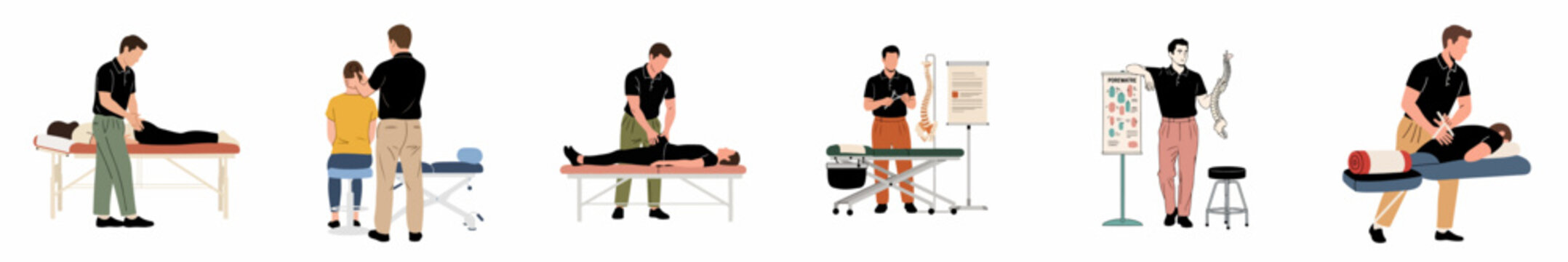 Flat vector illustrations of a chiropractor or physical therapist performing manual adjustments and consultations with patients in a clinic setting.