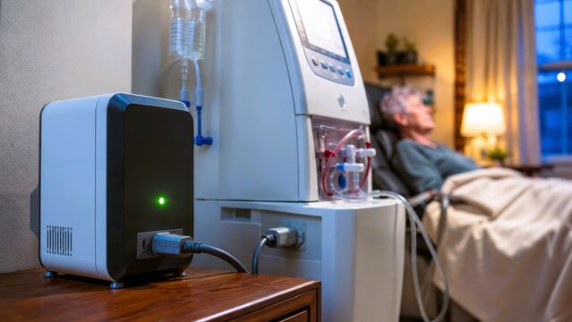 Home dialysis machine in bedroom with patient resting near window and lamp, quiet medical care at home