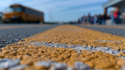 Obraz premium Yellow center line on asphalt road with school bus and students in