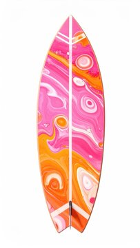 Vibrant surfboard with psychedelic swirl pattern in pinks, oranges, and whites
