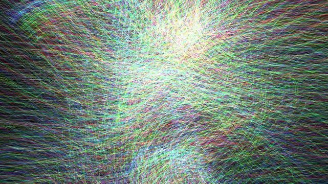 Intertwining red, green, and blue light rays continuously flow in a rotating cylinder, providing a serene futuristic ambient background for technology event visuals.