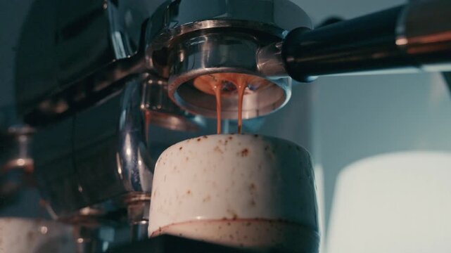 4K Pouring coffee stream from professional machine in cup. Barista man making double espresso, using filter holder. Flowing fresh ground coffee. Drinking roasted black coffee in the morning.	
