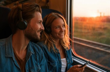 Young couple wearing headphones enjoying sunset view from train window © andyaziz6