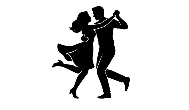 Elegant retro couple dancing vector silhouette showing a man and woman in a graceful ballroom tango or swing dance pose isolated on white background.