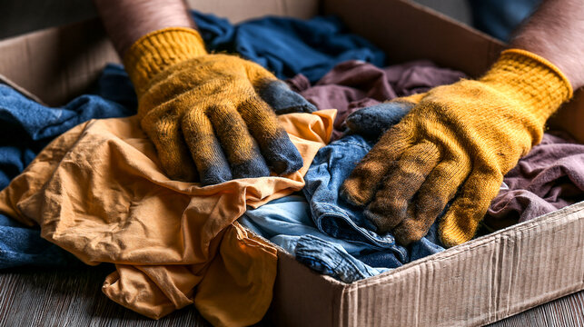 Person wearing heavy duty work gloves sorting donated used clothing into cardboard