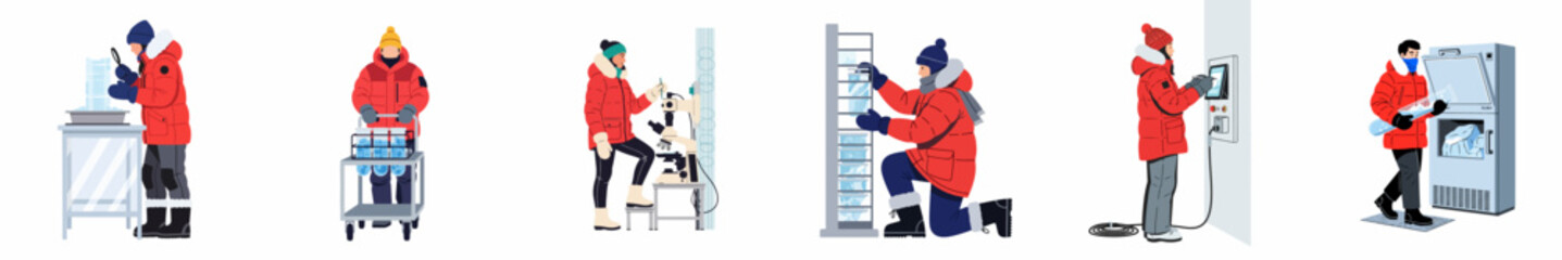 Scientists in red winter gear performing various research tasks in a polar laboratory, including examining ice cores, using microscopes, and managing samples. © Mairiko