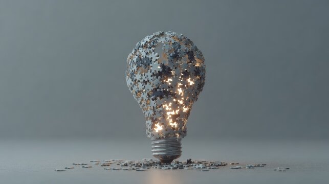 Creative Concept of Light Bulb Made from Colorful Puzzle Pieces Illuminating Dark Background