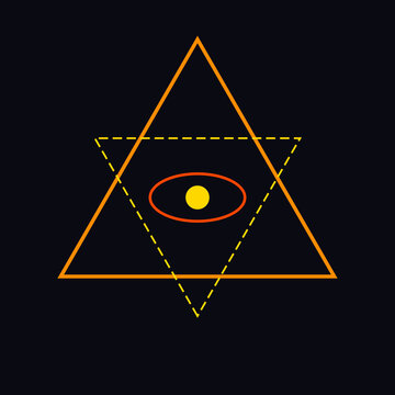 Abstract mystical eye within orange and yellow geometric triangles on a dark black background illustration