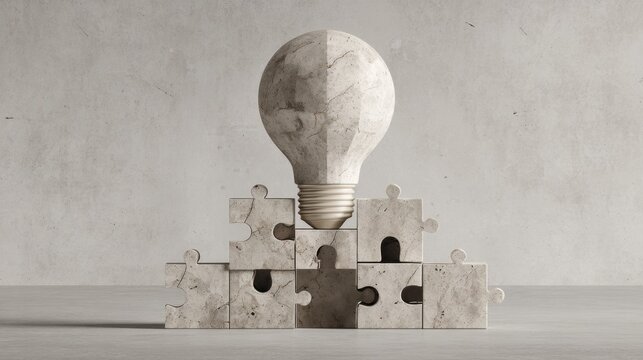 Abstract representation of idea generation with a light bulb on top of marble puzzle pieces against a gray background