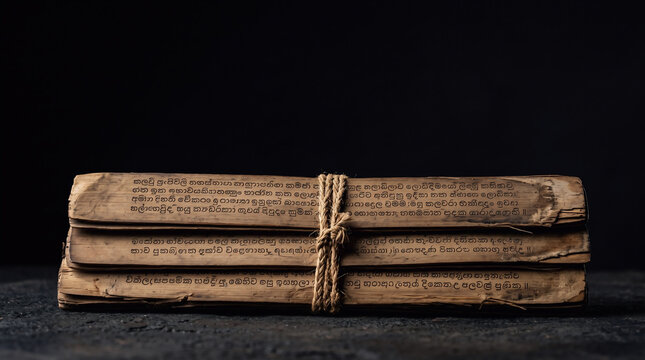 Ancient Buddhist Sutra Palm Leaf Manuscript tied with Cord for Dharma Day Scriptures and Asian Philosophy