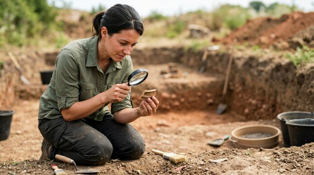 Female archaeologist examining a piece of ancient pottery with a magnifying glass. Professional researcher analyzing artifacts at an excavation dig site