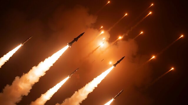 Multiple missiles launching into the night sky with bright exhaust trails