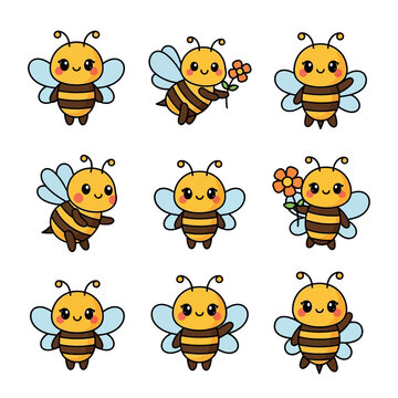 Smiling cartoon bees in various poses.