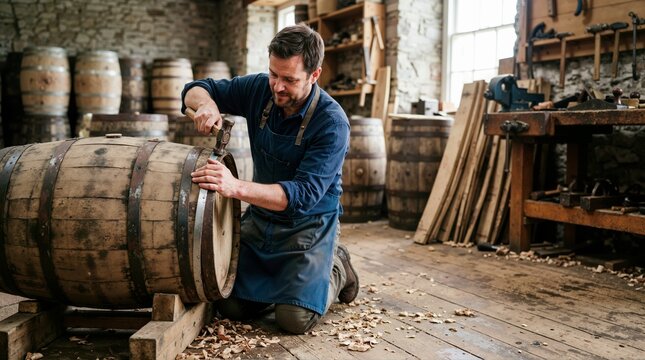 Male cooper repairing a wooden barrel with a hammer in a rustic workshop. Artisan craftsman in an apron working on a traditional oak cask