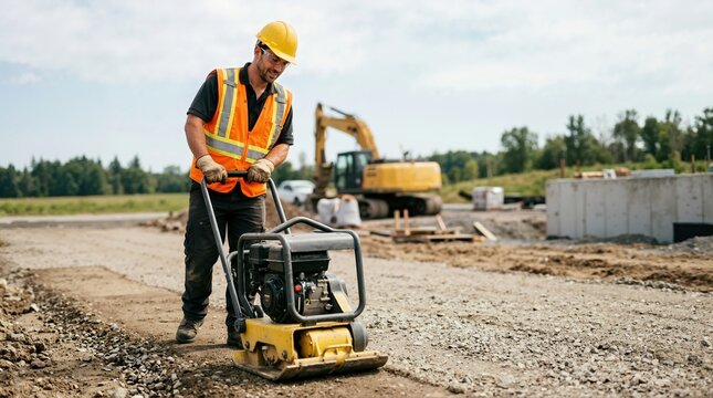 Construction worker operating a yellow plate compactor on a dirt road. Male builder in safety gear working on a construction site with an excavator in the background