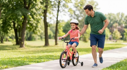 Fototapeta premium Father running alongside his young daughter learning to ride a pink bicycle in a park. Happy man teaching child to cycle on a sunny day
