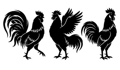 Minimalist black rooster silhouettes vector set featuring three farm cockerel birds walking, flapping wings, and standing isolated on background for agriculture logo design. © Josna