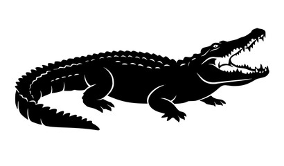Minimalist black crocodile silhouette vector icon with open mouth for wild animal logo, reptile sanctuary emblem, or dangerous swamp predator design isolated on background.