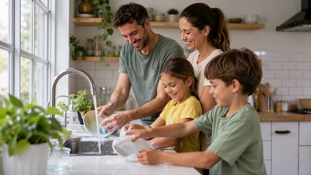 Family washing dishes together at the kitchen sink. Parents and children cleaning plates with soapy water. Teamwork and household chores concept