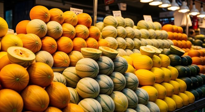 Abundant Display of Fresh Melons and Citrus Fruits at a Vibrant Market Stall.