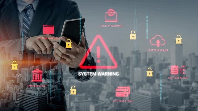 Businessman with smartphone in urban setting showcasing system warning alerts and digital security icons over a cityscape background Gluon.