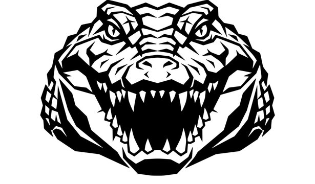 Fierce alligator head vector illustration with open jaws and sharp teeth for sports mascot, predatory reptile emblem, or aggressive crocodile logo isolated on background.