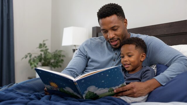 Black father reading a children's book to his young son in bed. African American dad and child bonding over a story at home