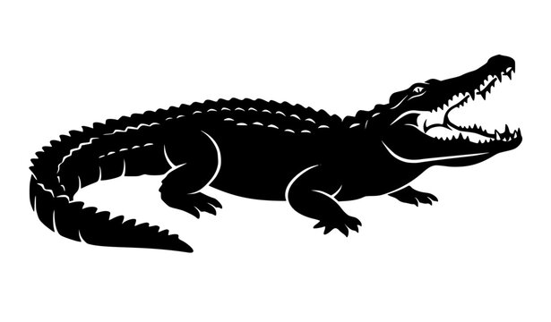 Minimalist black crocodile silhouette vector icon with open mouth for wild animal logo, reptile sanctuary emblem, or dangerous swamp predator design isolated on background.