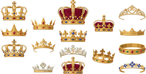 Golden crowns and royal tiaras collection with precious colorful gemstones © Hossain