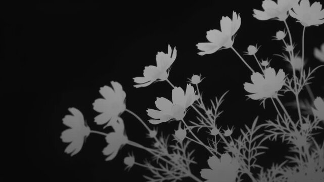 Soft white flower shadows swaying in natural wind on black background.
