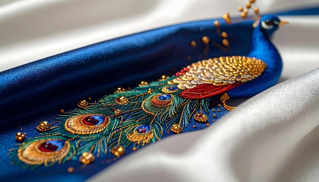 Embroidered peacock illustration on blue silk. Detailed bird needlework on fabric.