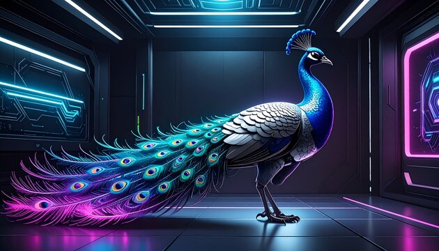 Futuristic peacock illustration with glowing neon feathers. Digital cyber bird art in vibrant sci-fi lighting.