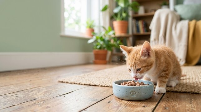 Orange and white tabby kitten eating from bowl. Cute small cat feeding on rug in cozy living room. International Cat Day concept