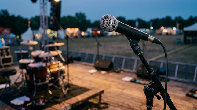 Close up of a microphone on an outdoor stage at dusk. Live music concert and summer festival setup with blurred drum set in background