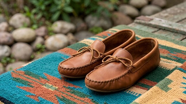 Brown leather moccasin shoes on a colorful woven rug. Traditional indigenous footwear outdoors. Concept of cultural heritage and craftsmanship